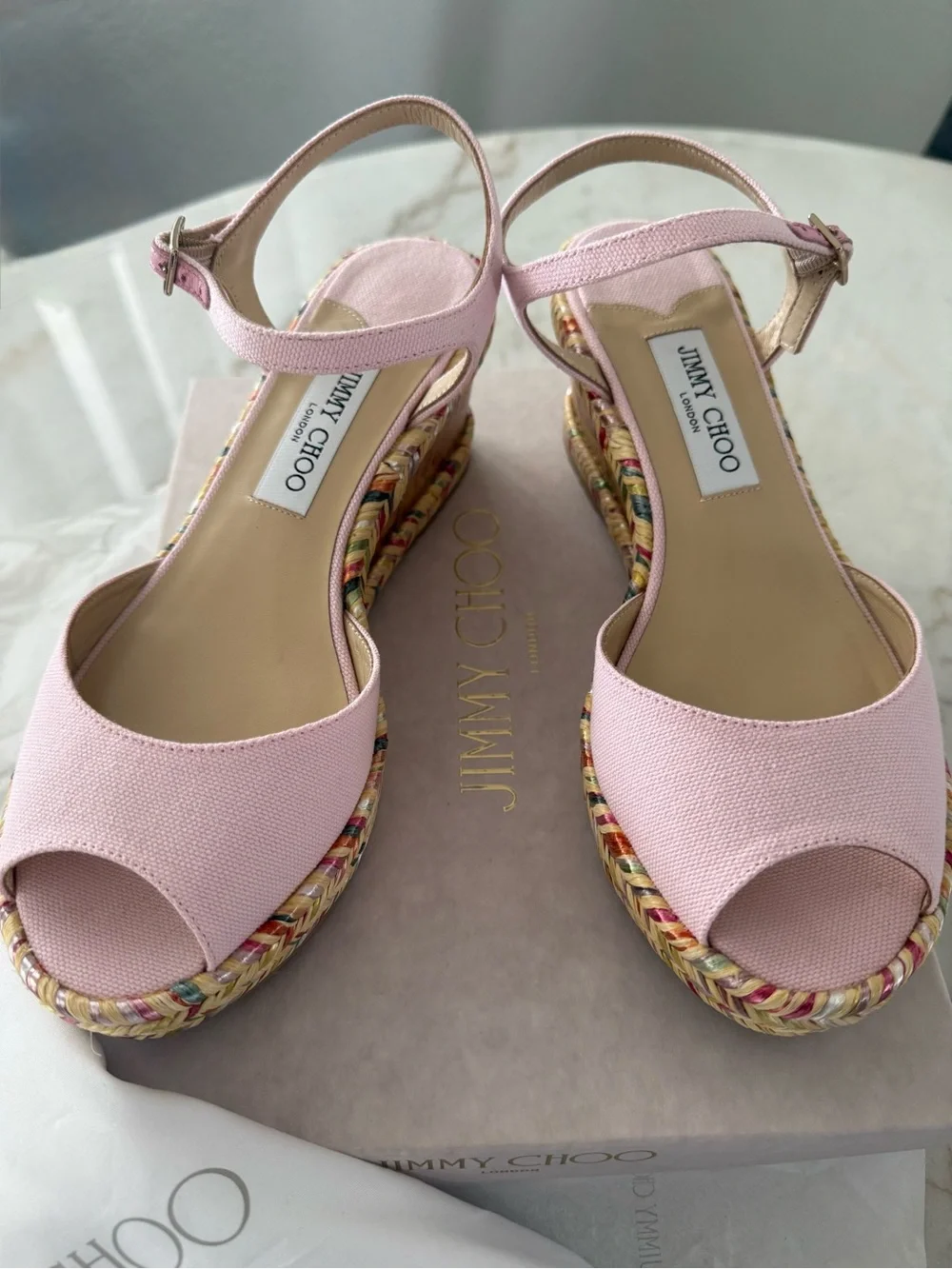 Jimmy Choo Perla 70 Pale Pink Espadrille Wedge Sandals